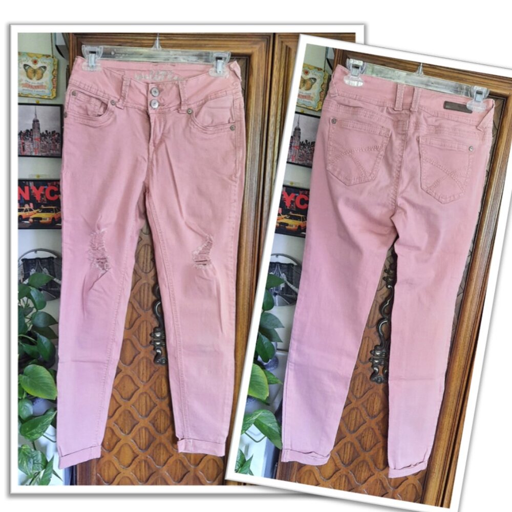 Wallflower Cuffed Ankle Distressed Crop Skinny Jeans - Pink, Size XS